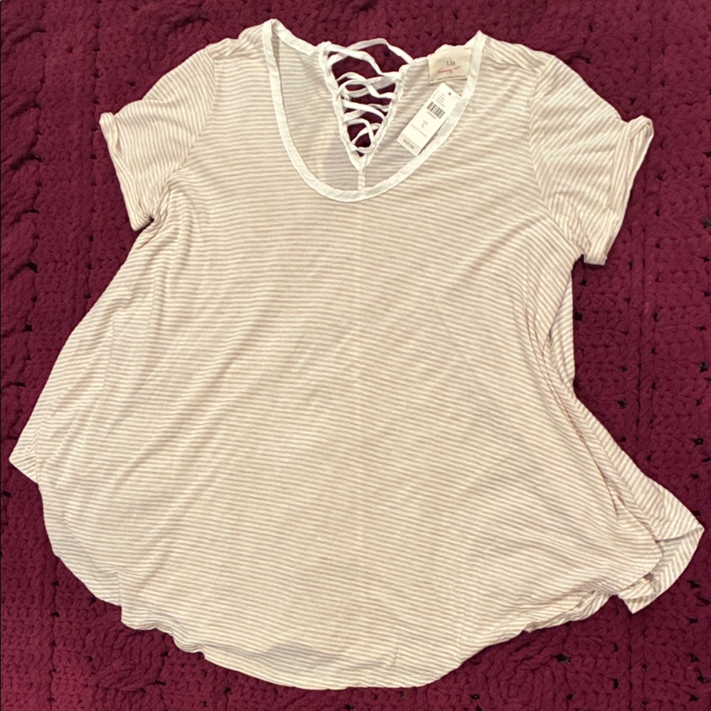 Anthropologie T.la Beige Stripe Short Sleeve Tee Lace Up Back large New